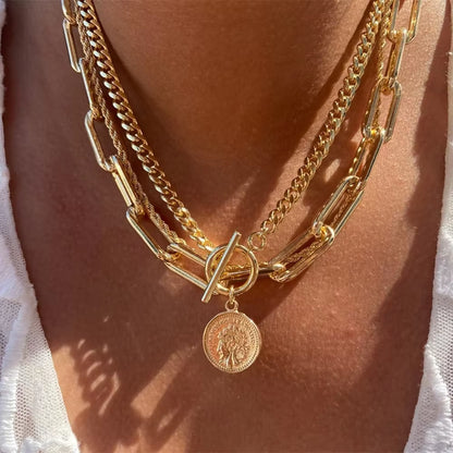 Vintage Punk Gold-plate Thick Chain Head Portrait Coin Pendant Necklace For Women