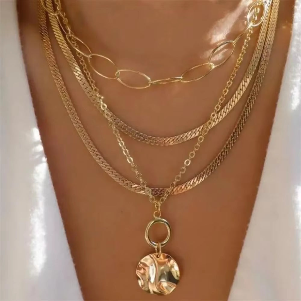 Vintage Punk Gold-plate Thick Chain Head Portrait Coin Pendant Necklace For Women